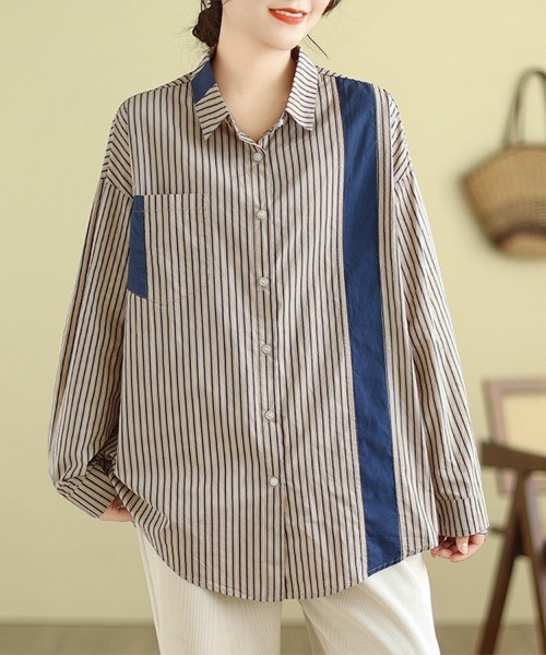 ONEP STAR(ワンピスター)の「配色切替×ストライプシャツ(シャツ/ブラウス・レディース・ブルー/グリーン・X-LARGE/LARGE/MEDIUM)」の3枚目の写真