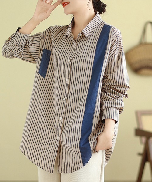 ONEP STAR(ワンピスター)の「配色切替×ストライプシャツ(シャツ/ブラウス・レディース・ブルー/グリーン・X-LARGE/LARGE/MEDIUM)」の4枚目の写真