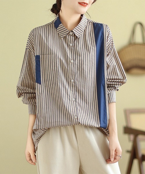 ONEP STAR(ワンピスター)の「配色切替×ストライプシャツ(シャツ/ブラウス・レディース・ブルー/グリーン・X-LARGE/LARGE/MEDIUM)」の5枚目の写真