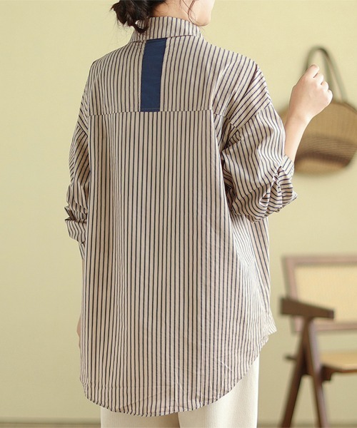 ONEP STAR(ワンピスター)の「配色切替×ストライプシャツ(シャツ/ブラウス・レディース・ブルー/グリーン・X-LARGE/LARGE/MEDIUM)」の6枚目の写真