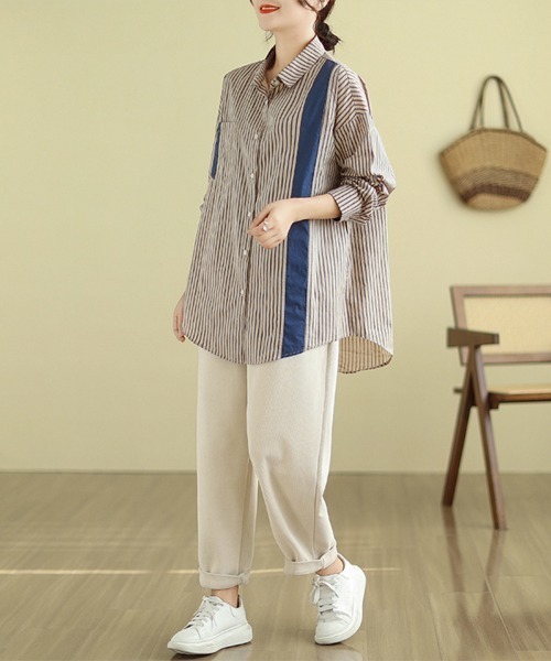 ONEP STAR(ワンピスター)の「配色切替×ストライプシャツ(シャツ/ブラウス・レディース・ブルー/グリーン・X-LARGE/LARGE/MEDIUM)」の7枚目の写真