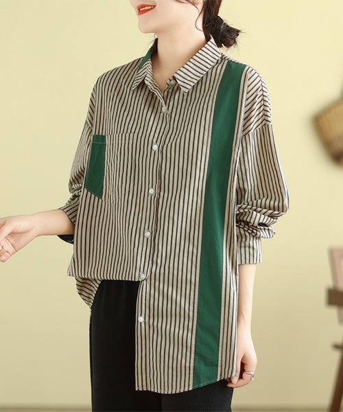 ONEP STAR(ワンピスター)の「配色切替×ストライプシャツ(シャツ/ブラウス・レディース・ブルー/グリーン・X-LARGE/LARGE/MEDIUM)」の8枚目の写真