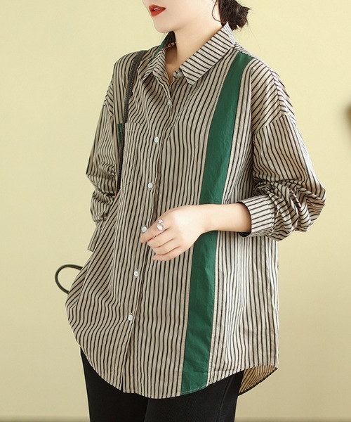 ONEP STAR(ワンピスター)の「配色切替×ストライプシャツ(シャツ/ブラウス・レディース・ブルー/グリーン・X-LARGE/LARGE/MEDIUM)」の9枚目の写真