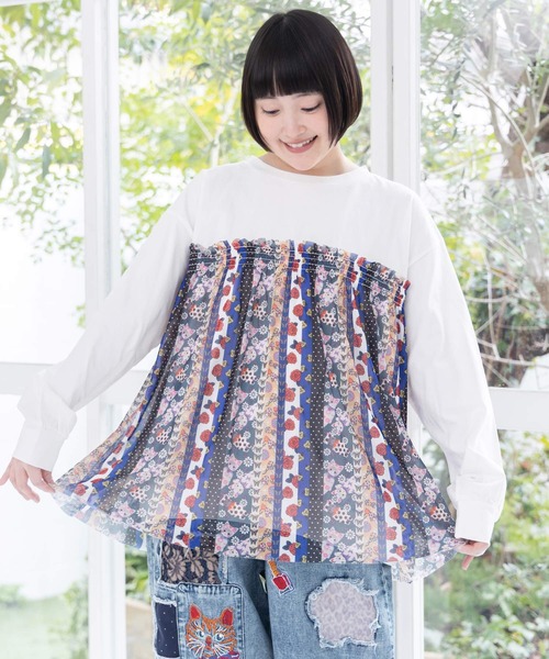 ScoLar（スカラー）の「161638：ストライプ総柄ソフトチュール切替プルオーバー（Tシャツ/カットソー・レディース・オフホワイト/ブラック・M）」の2枚目の写真