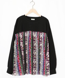 ScoLar | 161638：ストライプ総柄ソフトチュール切替プルオーバー(Tシャツ/カットソー)