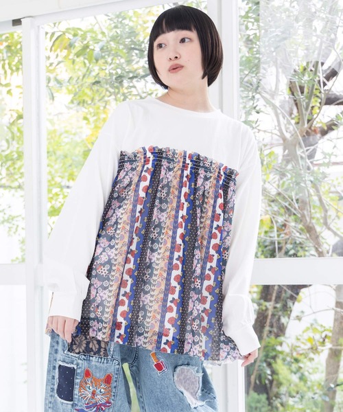 ScoLar（スカラー）の「161638：ストライプ総柄ソフトチュール切替プルオーバー（Tシャツ/カットソー・レディース・オフホワイト/ブラック・M）」の3枚目の写真