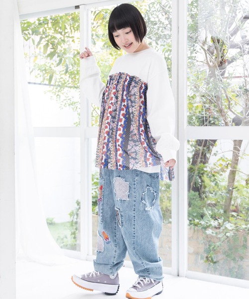 ScoLar（スカラー）の「161638：ストライプ総柄ソフトチュール切替プルオーバー（Tシャツ/カットソー・レディース・オフホワイト/ブラック・M）」の5枚目の写真