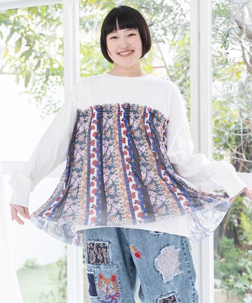 ScoLar（スカラー）の「161638：ストライプ総柄ソフトチュール切替プルオーバー（Tシャツ/カットソー・レディース・オフホワイト/ブラック・M）」の8枚目の写真