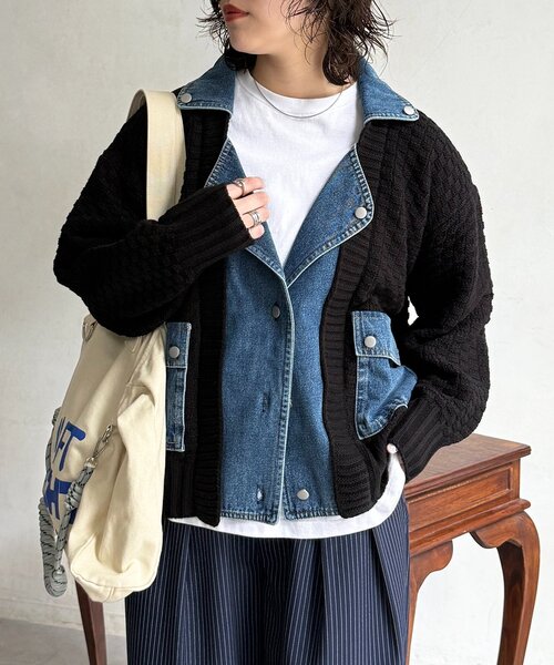 CPCM(シーピーシーエム)の「デニム切替ニットライダースジャケット(その他アウター・レディース・ブラック/ベージュ/グレー・FREE)」の4枚目の写真