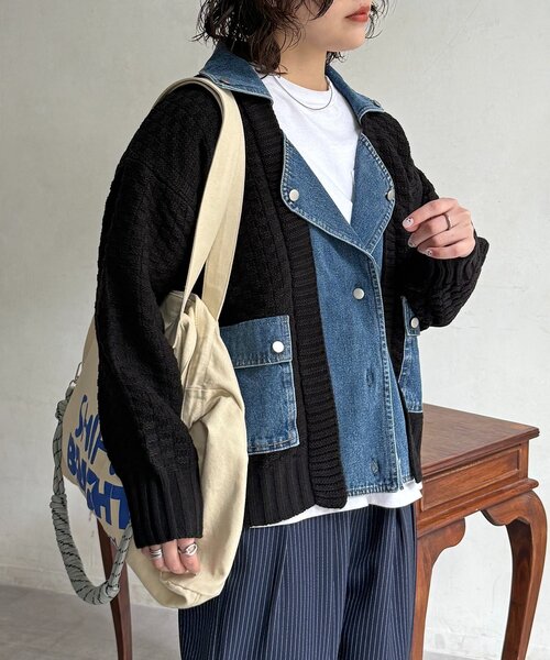 CPCM(シーピーシーエム)の「デニム切替ニットライダースジャケット(その他アウター・レディース・ブラック/ベージュ/グレー・FREE)」の7枚目の写真