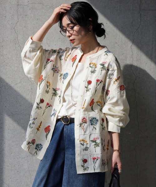 ヴィンテージ レトロ古着 バンドカラー花柄シアーシャツ ピンク系 オーバーサイズ 柄シャツ 花柄 ピンク[品番：DCTW0004588]｜Decorative （デコラティブ