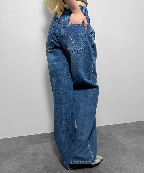 MATU:TA(マトゥータ)の「アイレットストレートデニムパンツ/【ストレートデニム】海外ガール ストリート スタイルアップ ハトメ アイレット スタッズ ブラック ブルー フリーサイズ(デニムパンツ・レディース・ブルー/ブラック・FREE)」の18枚目の写真