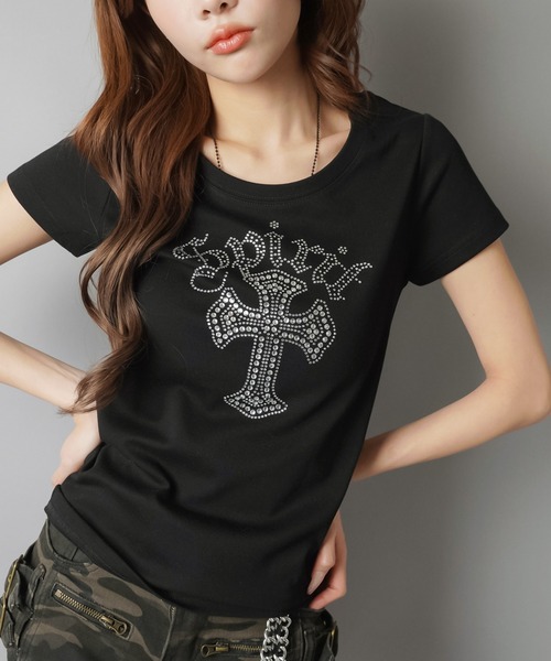 SPINNS(スピンズ)の「半袖Tシャツ/ラインストーンクロス/平成ギャル(Tシャツ/カットソー・レディース・オフホワイト/グレー/ブラック・ONESIZE)」の22枚目の写真