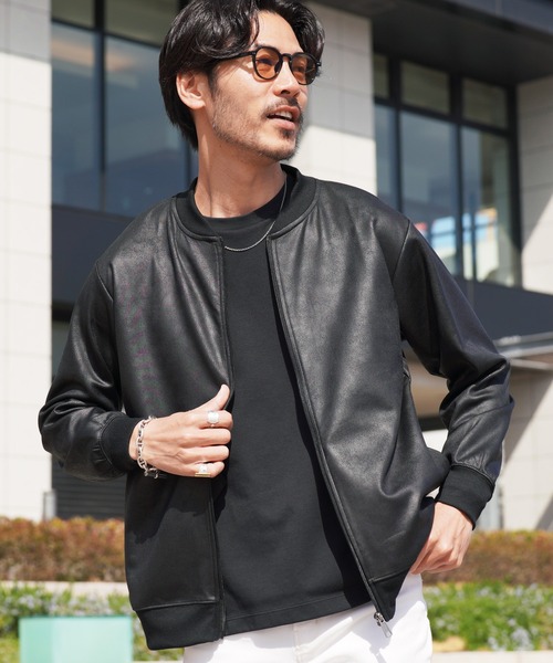 ストレッチ フェイクレザー ジャージ ブルゾン トラックジャケット