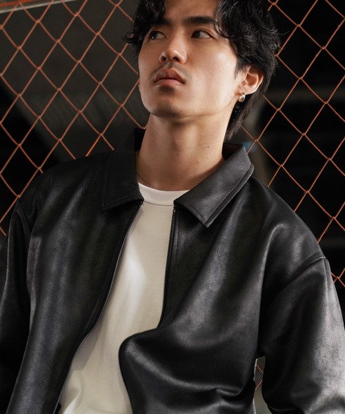 ストレッチ フェイクレザー ジャージ ブルゾン トラックジャケット