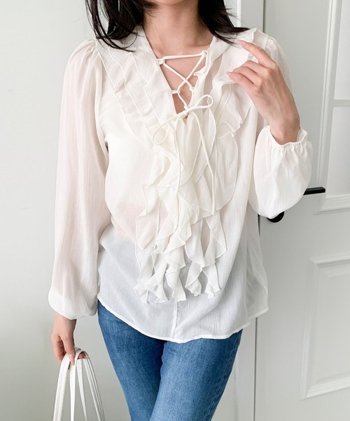 Jasmine Grandiflorum(ジャスミングランディフローラム)の「【Jasmine】レースアップラッフルブラウス(シャツ/ブラウス・レディース・ブルー/ホワイト・FREE)」の1枚目の写真