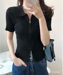 フロントジップ半袖ニット