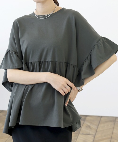 Aletta vita(アレッタビータ)の「接触冷感綿天竺フリルスリーブプルオーバー(Tシャツ/カットソー・レディース・チャコール/ブラック・M)」の12枚目の写真