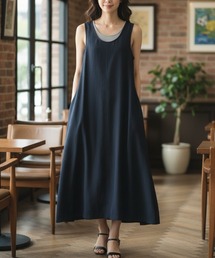 【2点セット・インナー付き】ノースリーブドロストコード付きワンピース＋グレーインナータンクセット／総丈112.5cm・2色展開｜体型カバー 大人カジュアル
