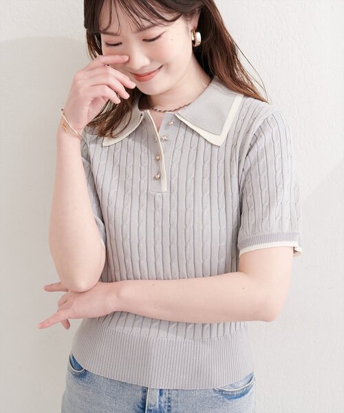 natural couture(ナチュラルクチュール)の「ダブルカラーポロニットプルオーバー(ニット/セーター・レディース・ブラック/グレー/オフホワイト/ピンク・FREE)」の3枚目の写真