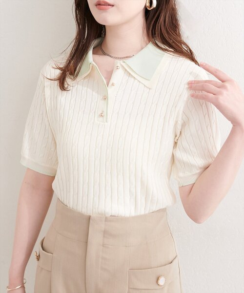 natural couture(ナチュラルクチュール)の「ダブルカラーポロニットプルオーバー(ニット/セーター・レディース・ブラック/グレー/オフホワイト/ピンク・FREE)」の2枚目の写真
