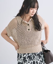 衿付き透かし編みニットプルオーバー