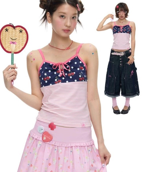 セール】Y2K 甘めの女の子 チェリー水玉柄切り替えストライプ