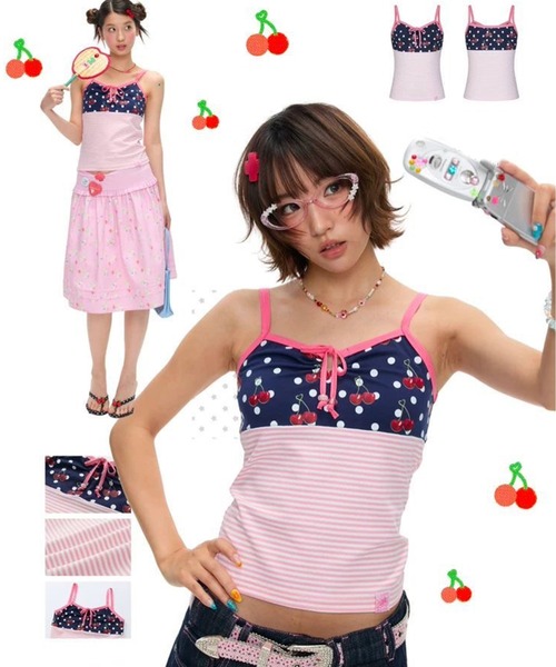 セール】Y2K 甘めの女の子 チェリー水玉柄切り替えストライプ