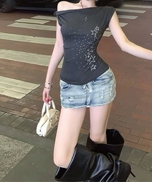 【 MEMECLE / メメクル 】ラインストーン スターコアワンショルトップス