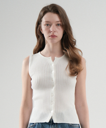 Summer Round Ribbed Button Knit Sleeveless (White)