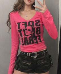 Vネック長袖Tシャツ/カラフルガールフォト/平成ギャル