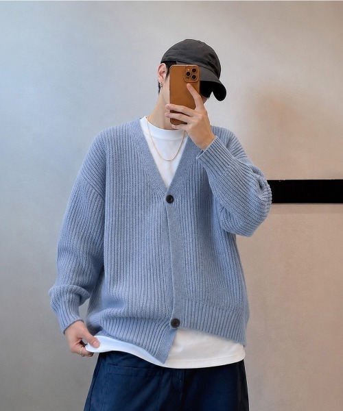 AsaAura（アサオーラ）の「畦編みニットメンズ韓国風カーディガン秋冬（カーディガン/ボレロ・メンズ・ブルーグレー/ブラウン・FREE）」の5枚目の写真
