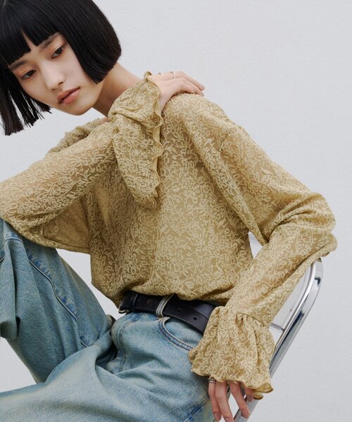 CIAOPANIC TYPY(チャオパニックティピー)の「∴ジャガードレースフレアスリーブTee(Tシャツ/カットソー・レディース・ブラック/オフホワイト/グリーン系・ONE SIZE)」の3枚目の写真