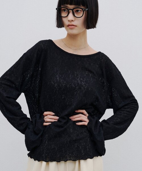 CIAOPANIC TYPY(チャオパニックティピー)の「∴ジャガードレースフレアスリーブTee(Tシャツ/カットソー・レディース・ブラック/オフホワイト/グリーン系・ONE SIZE)」の2枚目の写真
