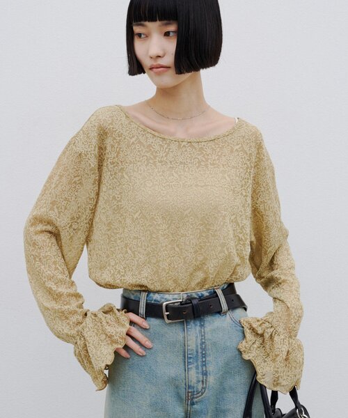 CIAOPANIC TYPY(チャオパニックティピー)の「∴ジャガードレースフレアスリーブTee(Tシャツ/カットソー・レディース・ブラック/オフホワイト/グリーン系・ONE SIZE)」の6枚目の写真