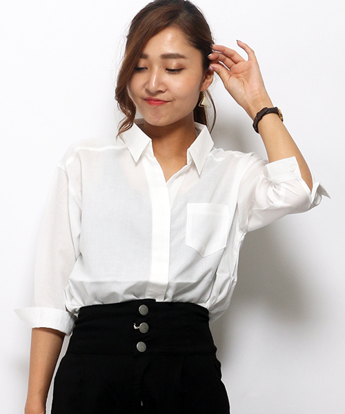 VENCEEXCHANGE（ヴァンスエクスチェンジ）の「レーヨン麻比翼シャツ            （シャツ/ブラウス・レディース・ネイビー/オフホワイト/ダークグリーン・MEDIUM）」の2枚目の写真