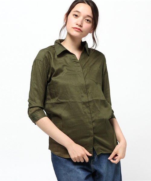 VENCEEXCHANGE（ヴァンスエクスチェンジ）の「レーヨン麻比翼シャツ            （シャツ/ブラウス・レディース・ネイビー/オフホワイト/ダークグリーン・MEDIUM）」の13枚目の写真