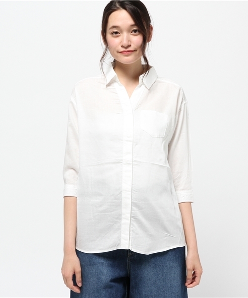 VENCEEXCHANGE（ヴァンスエクスチェンジ）の「レーヨン麻比翼シャツ            （シャツ/ブラウス・レディース・ネイビー/オフホワイト/ダークグリーン・MEDIUM）」の4枚目の写真