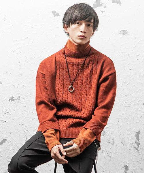 MinoriTY（マイノリティ）の「Wタートルケーブルニット（ニット/セーター・メンズ・モカ/テラコッタ/ブラック/ネイビー・L/M）」の4枚目の写真