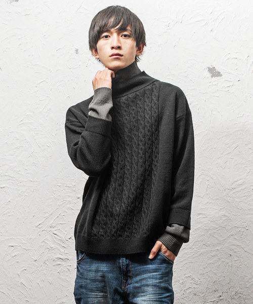 MinoriTY（マイノリティ）の「Wタートルケーブルニット（ニット/セーター・メンズ・モカ/テラコッタ/ブラック/ネイビー・L/M）」の2枚目の写真