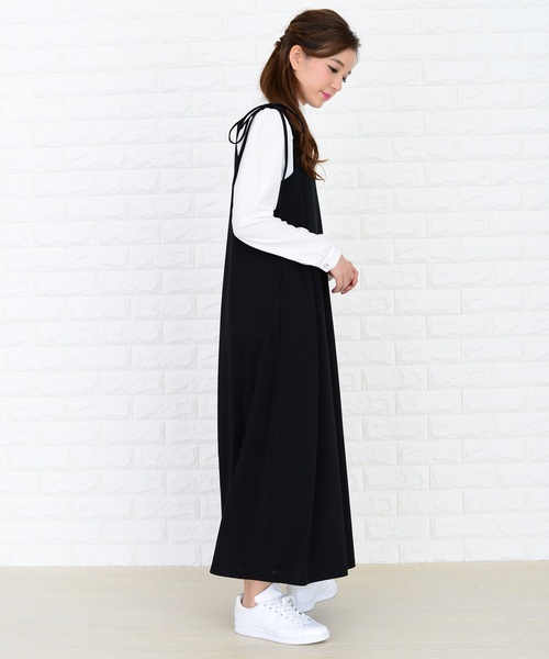 セール】肩ひもリボン付き サロペットワイドパンツ