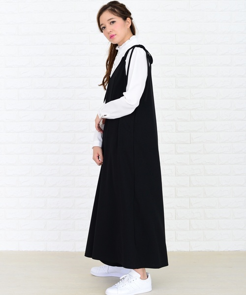 Lace Ladies(レースレディース)の「肩ひもリボン付き サロペットワイドパンツ オールインワン・パンツ(つなぎ/オールインワン・レディース・ブラック/ネイビー・S/M/L/XL)」の6枚目の写真