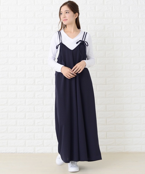 セール】肩ひもリボン付き サロペットワイドパンツ