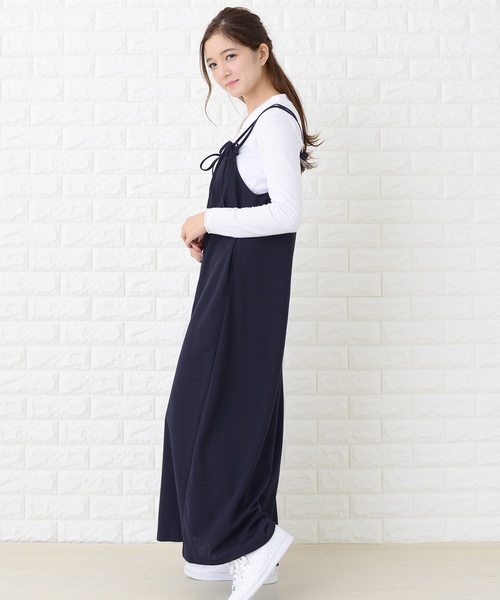 セール】肩ひもリボン付き サロペットワイドパンツ