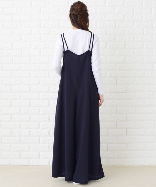 可愛い肩紐✨　プレージュ　サロペット　オールインワン　ワイドパンツ　細見え　美品 セール】肩ひもリボン付き サロペットワイドパンツ