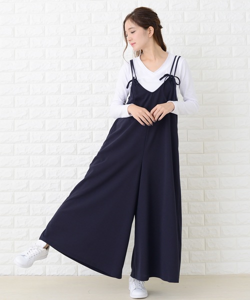 セール】肩ひもリボン付き サロペットワイドパンツ