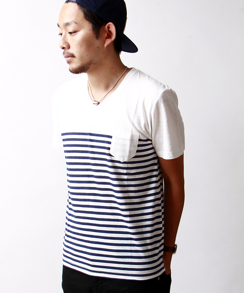 WEGO（ウィゴー）の「WEGO/パネルボーダーVネックTシャツ（Tシャツ/カットソー・メンズ・ブラック/グリーン/ネイビー/トリコロール・LARGE/MEDIUM）」の3枚目の写真