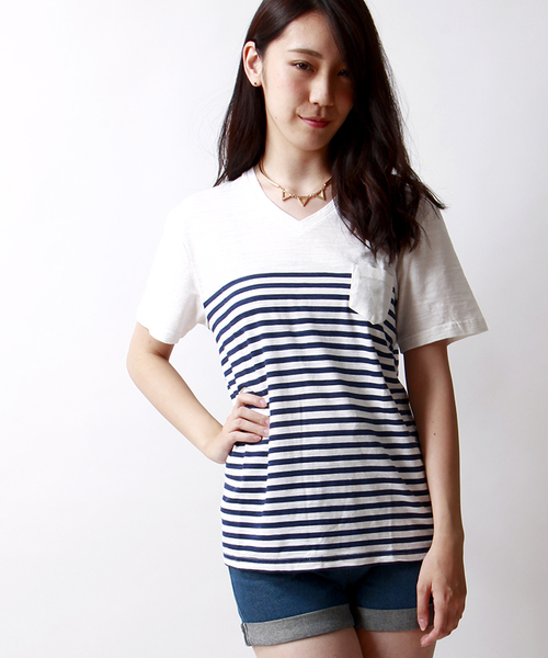 WEGO（ウィゴー）の「WEGO/パネルボーダーVネックTシャツ（Tシャツ/カットソー・メンズ・ブラック/グリーン/ネイビー/トリコロール・LARGE/MEDIUM）」の18枚目の写真