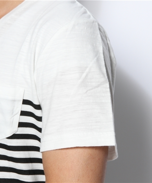 WEGO（ウィゴー）の「WEGO/パネルボーダーVネックTシャツ（Tシャツ/カットソー・メンズ・ブラック/グリーン/ネイビー/トリコロール・LARGE/MEDIUM）」の11枚目の写真