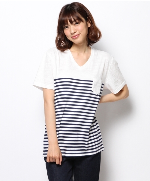 WEGO（ウィゴー）の「WEGO/パネルボーダーVネックTシャツ（Tシャツ/カットソー・メンズ・ブラック/グリーン/ネイビー/トリコロール・LARGE/MEDIUM）」の10枚目の写真
